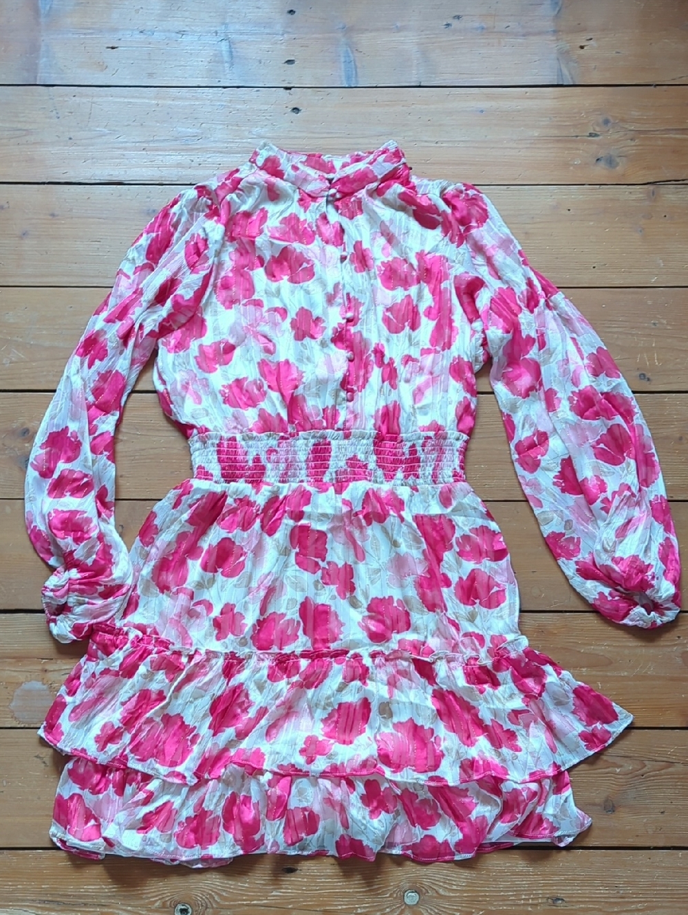 300-Women's Pink Floral Ruffled Long-Sleeve Light Dress